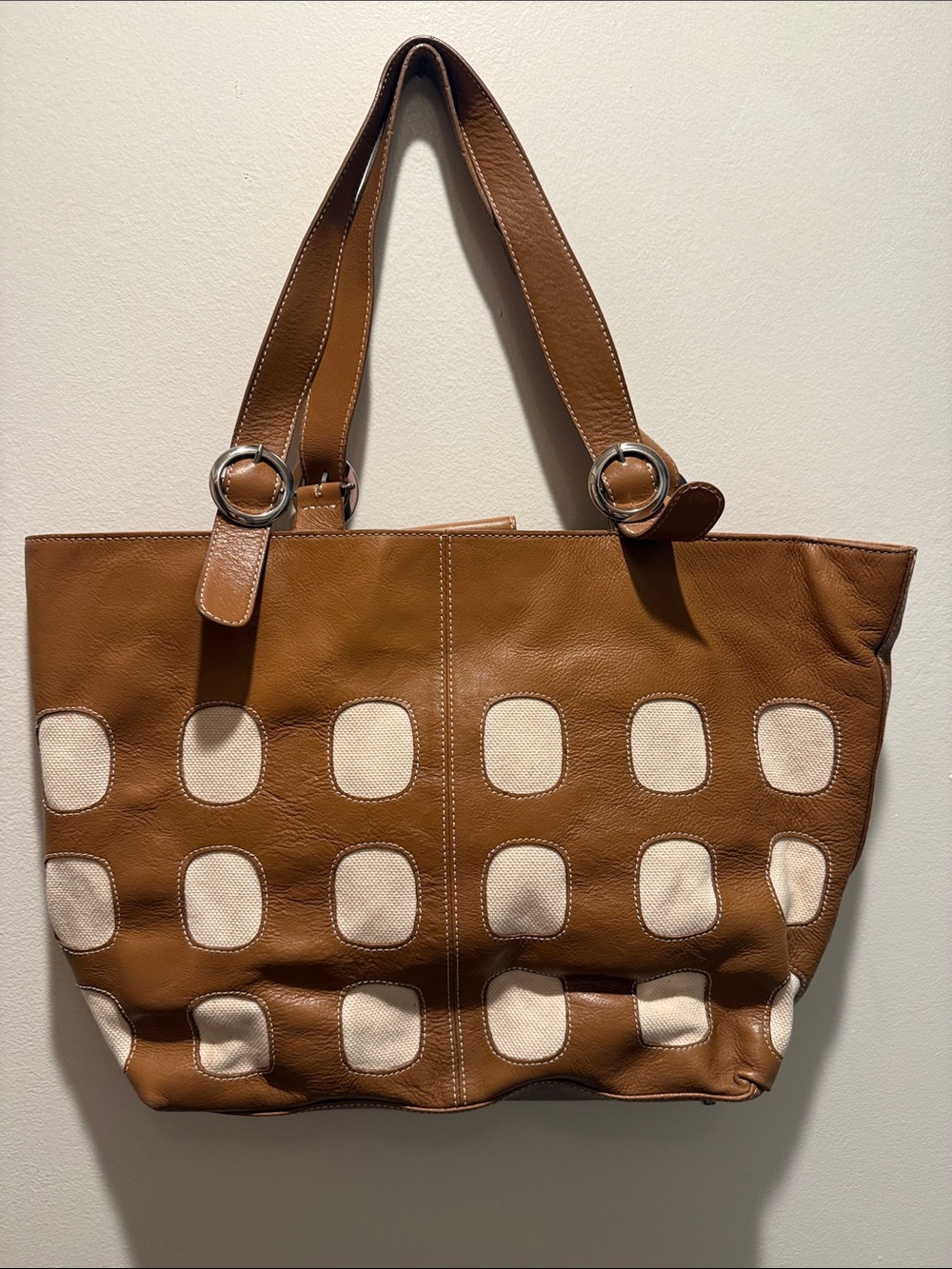 Kate Landry Tan Leather w/ Cream Canvas Tote Bag